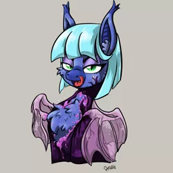 Size: 4000x4000 | Tagged: suggestive, artist:ghouleh, derpibooru import, oc, oc:blue blur, unofficial characters only, bat pony, goo, bedroom eyes, bust, chest fluff, ear fluff, image, licking, licking lips, living suit, png, scar, smiling, tongue out, wings