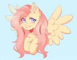 Size: 1861x1454 | Tagged: safe, artist:_stellarsleep, derpibooru import, fluttershy, pegasus, pony, blue background, bust, cheek fluff, chest fluff, cute, ear fluff, female, image, jpeg, mare, shyabetes, simple background, smiling, solo, spread wings, wings