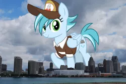 Size: 2300x1540 | Tagged: safe, artist:cheezedoodle96, artist:thegiantponyfan, derpibooru import, edit, rainy day, pegasus, pony, clothes, detroit, female, folded wings, giant pegasus, giant pony, giantess, hat, highrise ponies, image, irl, looking at you, macro, mailmare, mailmare hat, mare, mega giant, michigan, photo, png, ponies in real life, raised hoof, shirt, smiling, tail, two toned mane, two toned tail, wings