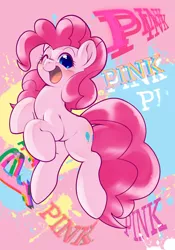 Size: 1430x2048 | Tagged: safe, artist:kurogewapony, derpibooru import, pinkie pie, earth pony, pony, abstract background, blushing, cute, diapinkes, female, happy, image, jpeg, looking at you, mare, one eye closed, open mouth, open smile, pink, simple background, smiling, smiling at you, solo, text, wink, winking at you