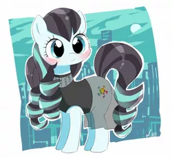 Size: 1938x1779 | Tagged: safe, artist:leo19969525, derpibooru import, coloratura, earth pony, pony, blushing, city, cityscape, clothes, cute, female, image, jpeg, mare, partial background, rarabetes, smiling, solo