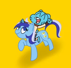 Size: 1200x1145 | Tagged: safe, artist:kanw, derpibooru import, minuette, anthro, cat, pony, unicorn, crossover, derpibooru exclusive, digital art, duo, eyes closed, female, gumball watterson, happy, holding, holding horn, image, mare, open mouth, png, raised hand, riding, riding a pony, simple background, the amazing world of gumball, yellow background
