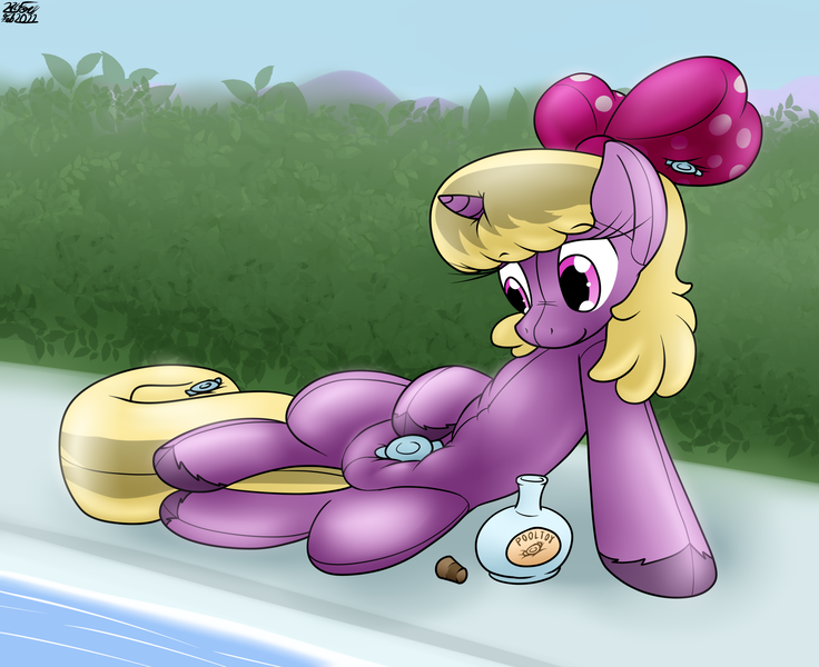 Size: 2241x1827 | Tagged: questionable, artist:the-furry-railfan, derpibooru import, oc, unofficial characters only, inflatable pony, pooltoy pony, unicorn, bow, hair bow, image, inflatable, png, poking, pool toy, poolside, potion, squishy, transformation, unshorn fetlocks, valve