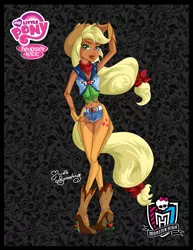 Size: 2151x2787 | Tagged: safe, artist:nemoturunen, derpibooru import, applejack, human, boots, clothes, cutie mark, cutie mark on clothes, dark skin, eyelashes, female, hat, high heel boots, humanized, image, jpeg, shoes, solo