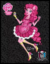 Size: 2151x2787 | Tagged: safe, artist:nemoturunen, derpibooru import, pinkie pie, equestria girls, clothes, cupcake, eyelashes, female, fingerless gloves, food, gloves, high heels, image, jpeg, lipstick, monster high, ponied up, shoes, skirt, solo