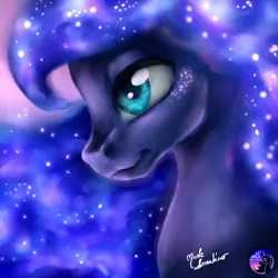 Size: 2449x2449 | Tagged: safe, artist:nemoturunen, derpibooru import, princess luna, alicorn, pony, bust, ethereal mane, eyelashes, female, image, jpeg, mare, missing accessory, signature, solo, starry mane