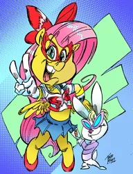 Size: 2388x3106 | Tagged: safe, artist:grotezco, artist:tokiotoyy2k, derpibooru import, angel bunny, fluttershy, pegasus, '90s, anime, bipedal, bow, carrot, clothes, code wa sailor v, comic, deck, food, gloves, high heels, image, japan, jpeg, manga, mask, minako aino, miniskirt, my little pony, pose, sailor moon, sailor uniform, sailor venus, shoes, skirt, smiling, solo, spoilers for another series, uniform