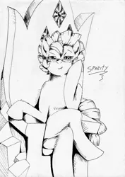 Size: 1648x2330 | Tagged: safe, artist:3500joel, derpibooru import, oc, oc:sparity, dracony, hybrid, pony, black and white, crossed legs, female, friendship throne, glasses, grayscale, image, interspecies offspring, jpeg, lidded eyes, looking at you, mare, monochrome, offspring, parent:rarity, parent:spike, parents:sparity, sitting, smiling, smiling at you, solo, traditional art