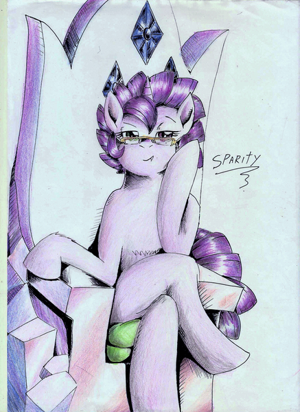 Size: 1693x2326 | Tagged: safe, artist:3500joel, derpibooru import, oc, oc:sparity, dracony, dragon, hybrid, pony, colored, colored sketch, crossed legs, female, friendship throne, glasses, image, interspecies offspring, jpeg, lidded eyes, looking at you, mare, offspring, parent:rarity, parent:spike, parents:sparity, sitting, smiling, smiling at you, solo, traditional art
