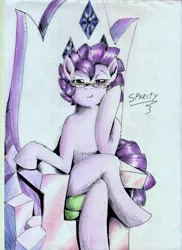 Size: 1693x2326 | Tagged: safe, artist:3500joel, derpibooru import, oc, oc:sparity, dracony, dragon, hybrid, pony, colored, colored sketch, crossed legs, female, friendship throne, glasses, image, interspecies offspring, jpeg, lidded eyes, looking at you, mare, offspring, parent:rarity, parent:spike, parents:sparity, sitting, smiling, smiling at you, solo, traditional art