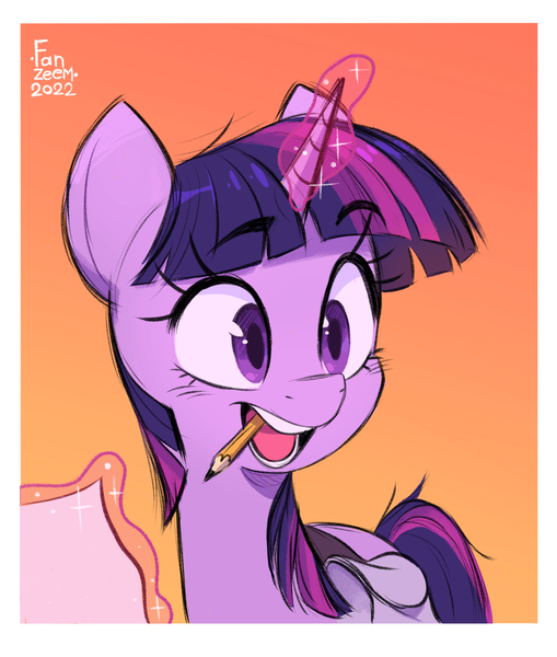 Size: 2480x2924 | Tagged: safe, artist:fanzeem, derpibooru import, twilight sparkle, pony, bag, cute, female, glow, glowing horn, horn, image, jpeg, levitation, magic, mare, mouth hold, open mouth, paper, pencil, saddle bag, solo, telekinesis, twiabetes