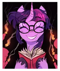 Size: 2480x2924 | Tagged: safe, artist:fanzeem, derpibooru import, twilight sparkle, twilight sparkle (alicorn), alicorn, pony, book, candle, cute, eyes closed, female, glasses, grin, image, jpeg, mare, messy mane, smiling, smoke, solo, twiabetes, unshorn fetlocks