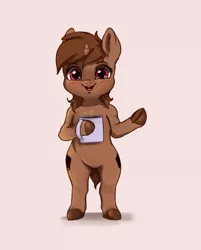Size: 3287x4096 | Tagged: safe, artist:miokomata, derpibooru import, oc, oc:coffee, unofficial characters only, pony, semi-anthro, unicorn, bipedal, coffee mug, hoof hold, image, jpeg, looking at you, male, mug, open mouth, open smile, pink background, simple background, smiling, smiling at you, solo, stallion