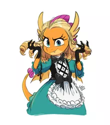 Size: 2480x2816 | Tagged: safe, artist:fanzeem, derpibooru import, smolder, dragon, clothes, dress, image, jpeg, looking at you, simple background, smiling, smiling at you, solo, white background, wig