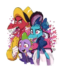 Size: 2480x2816 | Tagged: safe, artist:fanzeem, derpibooru import, garble, princess ember, spike, dragon, clothes, dress, floating heart, hat, heart, heart eyes, image, jpeg, necktie, open mouth, open smile, sharp teeth, simple background, smiling, suit, teeth, top hat, trio, white background, wingding eyes