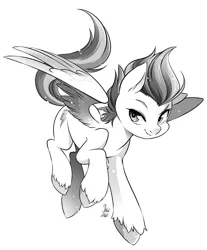 Size: 2696x3252 | Tagged: safe, alternate version, artist:nekoshiei, derpibooru import, zipp storm, pegasus, pony, female, g5, grayscale, image, jpeg, looking at you, mare, monochrome, simple background, smiling, smiling at you, solo, spread wings, unshorn fetlocks, white background, wings