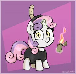 Size: 1506x1466 | Tagged: safe, artist:heretichesh, derpibooru import, sweetie belle, pony, unicorn, bomb, clothes, costume, crazy eyes, female, filly, foal, image, jpeg, levitation, lighter, looking at you, magic, smiling, smiling at you, solo, telekinesis, weapon, wordplay