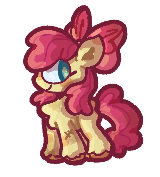 Size: 1634x1802 | Tagged: safe, artist:toaestt, derpibooru import, apple bloom, earth pony, pony, apple, bow, chest fluff, cutie mark crusaders, dirt, female, foal, food, hair bow, image, jpeg, scar, simple background, solo, solo female, stitches, white background
