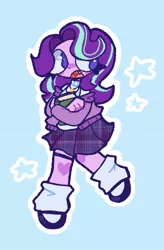 Size: 1023x1559 | Tagged: safe, artist:toaestt, derpibooru import, starlight glimmer, equestria girls, equestria girls series, book, clothes, digital art, female, garter belt, image, jewelry, jpeg, leg warmers, mary janes, necklace, open mouth, plaid skirt, redesign, shoes, simple background, solo, solo female, stars