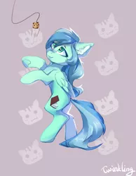 Size: 776x1000 | Tagged: safe, artist:twinkling, derpibooru import, oc, oc:snowfall night, unofficial characters only, pegasus, pony, behaving like a cat, cookie, dangling, food, image, png, solo