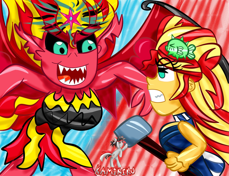 Size: 3900x3000 | Tagged: safe, artist:kamikiku, derpibooru import, sunset shimmer, human, equestria girls, angry, fight, human paradox, image, jpeg, self paradox, sunset satan, sunset sushi