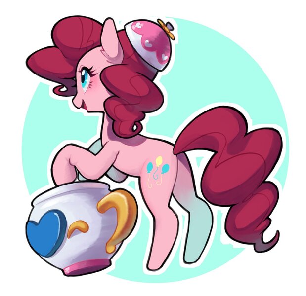 Size: 1378x1335 | Tagged: safe, artist:ikirunosindo, derpibooru import, pinkie pie, earth pony, pony, cup, cute, diapinkes, ear fluff, facing away, female, image, jpeg, mare, open mouth, solo, teacup, toy interpretation