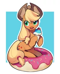 Size: 1214x1498 | Tagged: safe, artist:ikirunosindo, derpibooru import, applejack, earth pony, pony, cute, donut, ear fluff, female, food, ice cream, image, jackabetes, jpeg, mare, open mouth, solo, toy interpretation