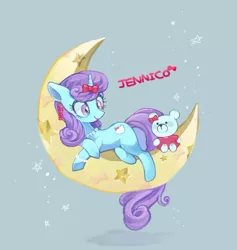 Size: 446x471 | Tagged: safe, artist:sibashen, derpibooru import, oc, oc:jenni love, unofficial characters only, pony, unicorn, bracelet, crescent moon, female, image, jewelry, jpeg, looking at something, lying down, mare, moon, necklace, plushie, ribbon, solo, stars, teddy bear