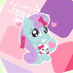 Size: 2048x2048 | Tagged: safe, artist:tiga mega, derpibooru import, oc, oc:jenni love, unofficial characters only, pony, unicorn, bracelet, bust, female, heart, high res, hoof hold, image, jewelry, jpeg, looking at you, mare, necklace, plushie, pontiac, smiling, smiling at you, solo, teddy bear