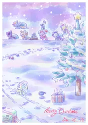 Size: 566x800 | Tagged: safe, artist:ef74, derpibooru import, applejack, fluttershy, pinkie pie, rainbow dash, rarity, twilight sparkle, earth pony, pegasus, pony, unicorn, applejack's hat, christmas, christmas tree, cowboy hat, flying, hat, holiday, hoofprints, image, mane six, merry christmas, png, present, santa hat, snow, stars, tree, unicorn twilight, walking, winter