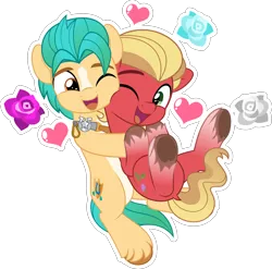 Size: 5000x4941 | Tagged: safe, artist:jhayarr23, derpibooru import, hitch trailblazer, sprout cloverleaf, earth pony, pony, commission, cute, duo, duo male, g5, gay, heart, hitchsprout, hug, hugging a pony, image, looking at each other, looking at someone, male, nuzzling, png, shipping, simple background, smiling, stallion, transparent background, ych result