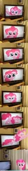 Size: 500x3082 | Tagged: safe, derpibooru import, pinkie pie, earth pony, pony, cartoon physics, female, fourth wall, fourth wall destruction, image, irl, mare, my little brony, photo, pinkie being pinkie, pinkie physics, png, television