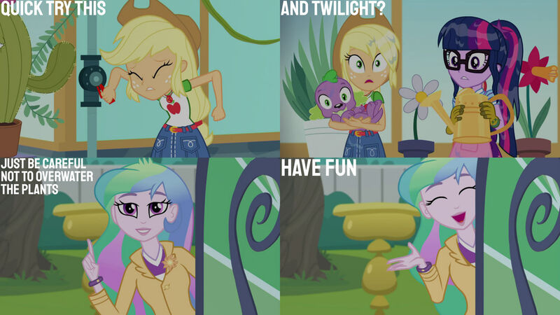 Size: 1280x720 | Tagged: safe, derpibooru import, edit, edited screencap, editor:quoterific, screencap, applejack, princess celestia, sci-twi, spike, spike the regular dog, twilight sparkle, dog, equestria girls, equestria girls series, my little shop of horrors, applejack's hat, belt, clothes, cowboy hat, cute, cutelestia, cutie mark, cutie mark on clothes, denim skirt, eyes closed, female, geode of super strength, glasses, hat, image, jewelry, jpeg, magical geodes, male, necklace, open mouth, open smile, ponytail, principal celestia, skirt, smiling, text, wet, wet hair