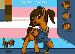 Size: 2100x1500 | Tagged: safe, artist:hemlock conium, derpibooru import, oc, oc:boopy doopy, pegasus, pony, clothes, confused, dialogue, digital art, english, female, happy, image, jacket, jpeg, mare, pegasus oc, prettiest mare, pretty, pride, pride flag, reference sheet, sad, simple background, solo, text, transgender, transgender pride flag, wings