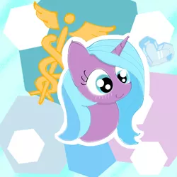 Size: 4096x4096 | Tagged: safe, artist:tiga mega, derpibooru import, idw, radiant hope, pony, unicorn, bust, caduceus, crystal heart, female, heart, hexagon, image, jpeg, mare, smiling, solo