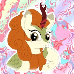 Size: 4096x4096 | Tagged: safe, artist:tiga mega, derpibooru import, autumn blaze, kirin, abstract background, bust, female, heart, image, jpeg, looking at you, pointing, pointing at self, raised hoof, solo