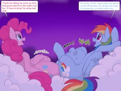 Size: 1280x960 | Tagged: suggestive, artist:dendollae, derpibooru import, pinkie pie, rainbow dash, earth pony, pegasus, pony, digestion, image, jpeg, looking at something, relaxing, stomach noise, vore