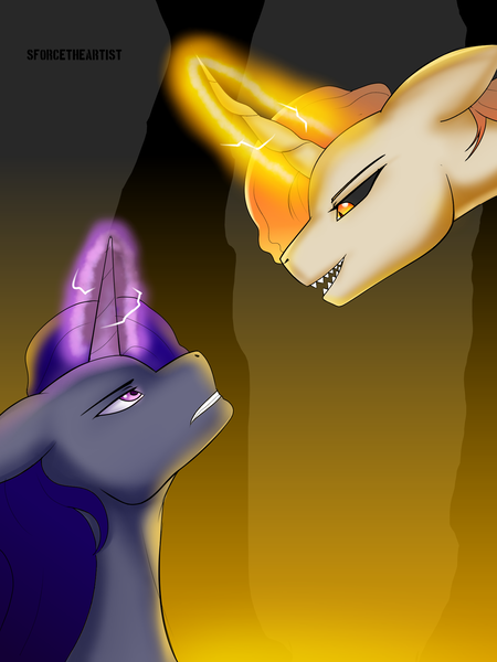 Size: 1440x1920 | Tagged: safe, artist:sforcetheartist, derpibooru import, oc, unofficial characters only, alicorn, pony, unicorn, antagonist, artwork, aura, background, digital art, duo, epic, fight, fire, glow, glowing eyes, glowing horn, gritted teeth, horn, image, magic, narrowed eyes, oc villain, original art, png, protagonist, sharp teeth, teeth