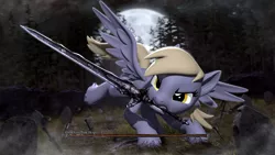 Size: 3840x2160 | Tagged: safe, artist:owlpirate, derpibooru import, derpy hooves, pegasus, pony, 3d, 4k, dark souls, female, forest, full moon, high res, image, mare, moon, open mouth, png, scowl, solo, source filmmaker, sword, tree, weapon