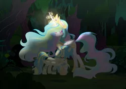 Size: 2912x2059 | Tagged: safe, artist:dinkydoolove, derpibooru import, princess celestia, oc, alicorn, changepony, hybrid, pony, base used, duo, eyes closed, female, forest, glow, glowing horn, horn, image, interspecies offspring, jewelry, mare, offspring, outdoors, parent:princess celestia, parent:thorax, parents:thoralestia, png, tiara, tree