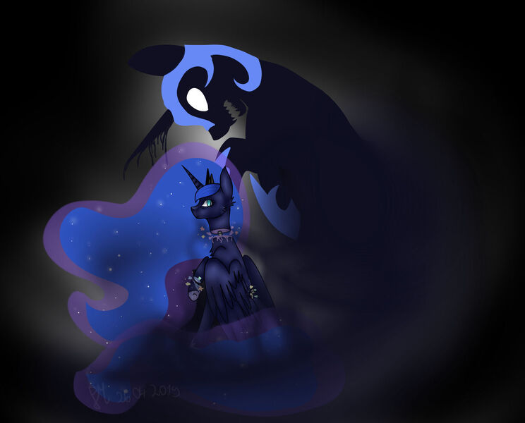 Size: 1280x1032 | Tagged: grimdark, artist:peachyminnie, derpibooru import, nightmare moon, princess luna, alicorn, pony, decapitated, duo, ethereal mane, female, helmet, image, jpeg, mare, starry mane, white eyes