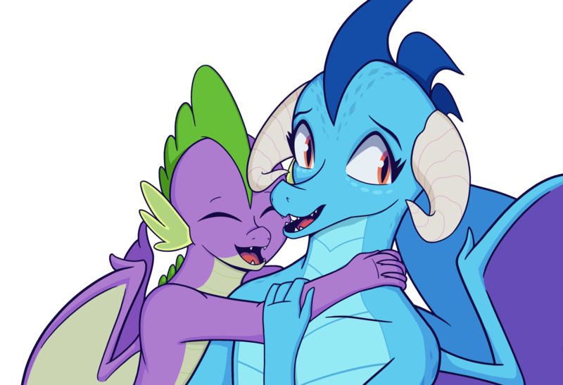 Size: 2100x1437 | Tagged: safe, anonymous artist, derpibooru import, princess ember, spike, dragon, awkward smile, dragoness, emberspike, eyes closed, female, hug, image, male, png, shipping, simple background, smiling, straight, transparent background, wings