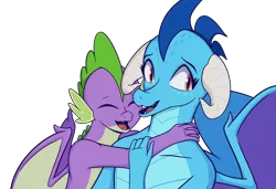 Size: 2100x1437 | Tagged: safe, anonymous artist, derpibooru import, princess ember, spike, dragon, awkward smile, dragoness, emberspike, eyes closed, female, hug, image, male, png, shipping, simple background, smiling, straight, transparent background, wings