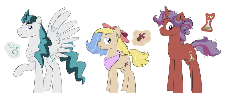 Size: 6554x2837 | Tagged: safe, artist:queenderpyturtle, derpibooru import, oc, unofficial characters only, earth pony, pegasus, pony, unicorn, female, image, jpeg, magical lesbian spawn, male, mare, offspring, parent:cloudchaser, parent:fiddlesticks, parent:fleetfoot, parent:inky rose, parent:starstreak, parents:inkystreak, simple background, stallion, white background