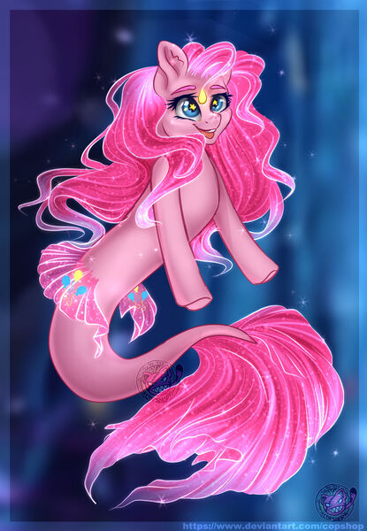 Size: 1280x1852 | Tagged: safe, artist:copshop, derpibooru import, pinkie pie, angler fish, fish, pony, seapony (g4), blue eyes, bubble, dorsal fin, female, fish tail, flowing mane, flowing tail, glow, image, jpeg, logo, mare, ocean, open mouth, open smile, pink mane, pink tail, seaponified, seapony pinkie pie, seaquestria, smiling, solo, species swap, starry eyes, swimming, tail, teeth, underwater, water, watermark, wingding eyes