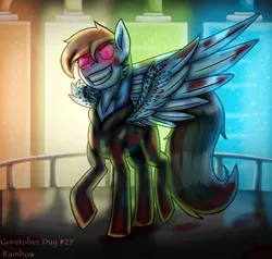 Size: 1951x1861 | Tagged: semi-grimdark, artist:erinh18, derpibooru import, rainbow dash, pegasus, pony, fanfic:rainbow factory, 2021, black suit, blood, dyed tail, evil, evil grin, fanfic art, glow, glowing eyes, goretober, grin, image, large wings, liquid rainbow, looking at you, pegasus device, png, railing, rainbow factory dash, smiling, solo, spectra, tail, teeth, wings