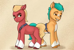 Size: 3048x2048 | Tagged: safe, artist:dancingkinfiend, derpibooru import, hitch trailblazer, sprout cloverleaf, earth pony, pony, my little pony: a new generation, angry, badge, belt, blonde, blonde hair, blonde mane, cheeky, coat markings, cocky, duo, duo male, eyebrows down, frown, g5, green eyes, harness, image, jpeg, male, orange eyes, raised eyebrow, red fur, sheriff, smiling, smirk, socks (coat marking), stallion, tack, teeth, uncomfortable, unhappy, wavy hair, wavy mane, yellow fur