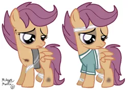 Size: 744x524 | Tagged: semi-grimdark, artist:midnightmuffinda, derpibooru import, scootaloo, pegasus, pony, fanfic:muffins, fanfic:scootaloo's sacrifice, bandage, blood, bruised, clothes, cut, fanfic art, frown, image, injured, looking offscreen, png, sad, shirt, signature, simple background, sling, white background