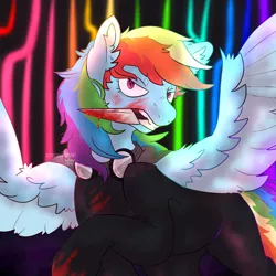 Size: 1280x1280 | Tagged: semi-grimdark, artist:gooseflavored, derpibooru import, rainbow dash, pegasus, pony, fanfic:rainbow factory, black suit, blood, blood stains, ear fluff, evil, fanfic art, goggles, image, implied murder, jpeg, knife, large wings, liquid rainbow, looking at you, messy mane, mouth hold, rainbow factory dash, raised hoof, solo, spectra, teeth, wings