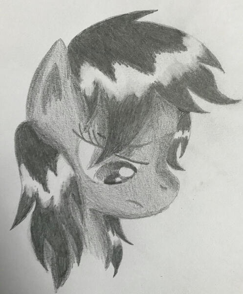 Size: 1024x1237 | Tagged: safe, artist:explosionmare, derpibooru import, scootaloo, pegasus, pony, fanfic:rainbow factory, absentia, alternate hairstyle, fanfic art, female, frown, gray background, image, jpeg, looking down, pegasus device, pencil drawing, sad, simple background, solo, traditional art